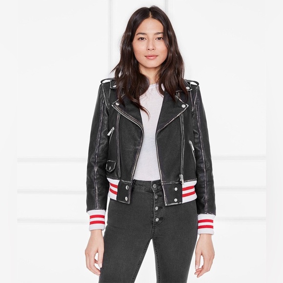 Anine Bing Quinlan Moto Biked Jacket with Varsity Cuffs and Hem - Picture 9 of 12